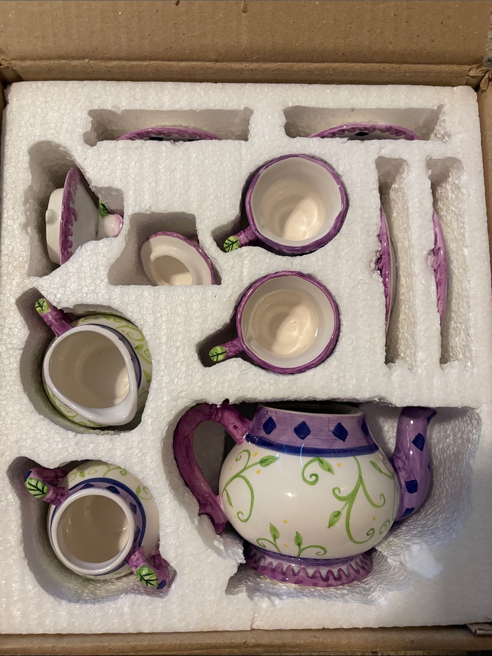 Child’s Hand-Painted Floral Mini Tea Set - Purple & Green